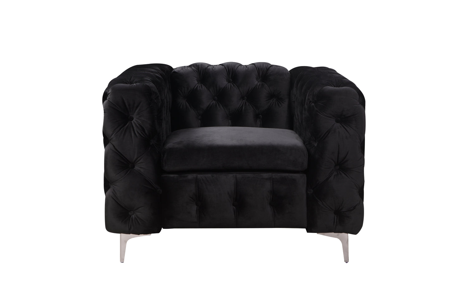 Single Seater Black Sofa Classic Armchair Button Tufted in Velvet Fabric with Metal Legs - Cosy Abode