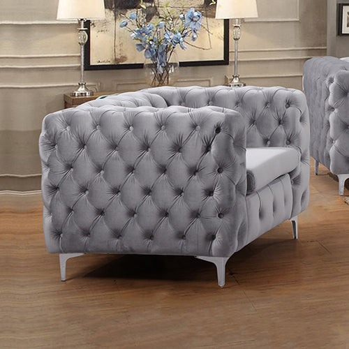 Single Seater Grey Sofa Classic Armchair Button Tufted in Velvet Fabric with Metal Legs - Cosy Abode