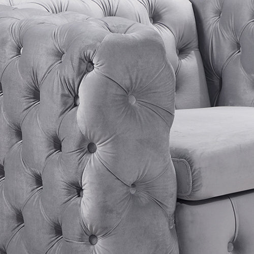 Single Seater Grey Sofa Classic Armchair Button Tufted in Velvet Fabric with Metal Legs - Cosy Abode
