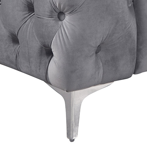 Single Seater Grey Sofa Classic Armchair Button Tufted in Velvet Fabric with Metal Legs - Cosy Abode