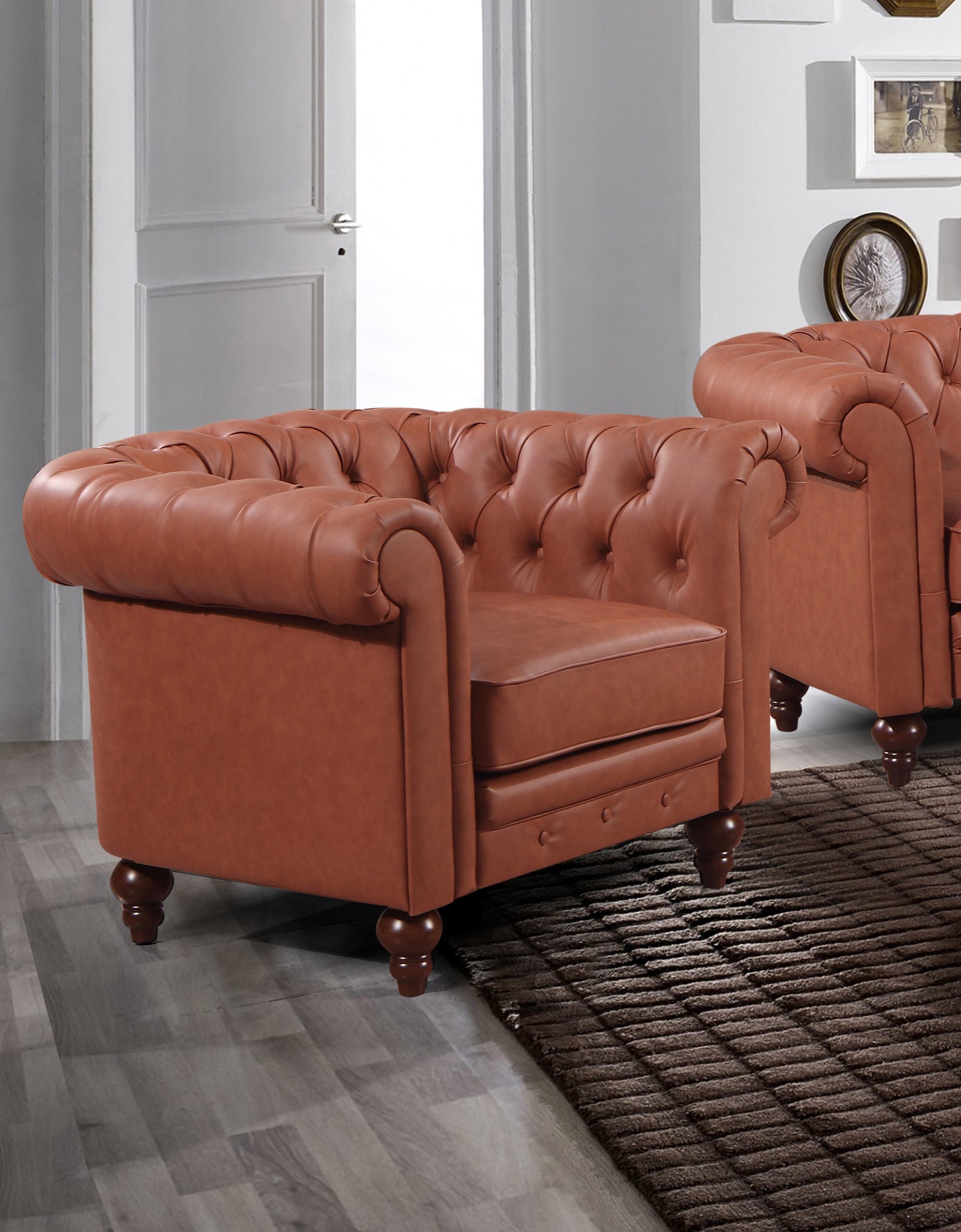 Single Seater Brown Sofa Armchair for Lounge Chesterfireld Style Button Tufted in Faux Leather - Cosy Abode