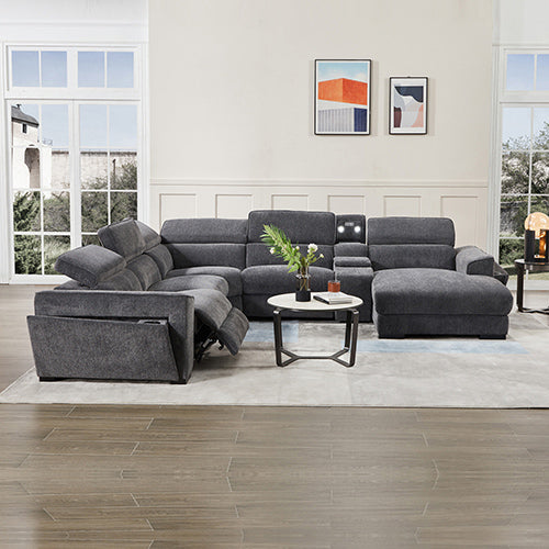 Grey Colour Corner Sofa Chaise Premium Fabric Electric Recliner With Manual Headrest Cup-Holder Charging Point Lighting - Cosy Abode