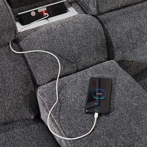 Grey Colour Corner Sofa Chaise Premium Fabric Electric Recliner With Manual Headrest Cup-Holder Charging Point Lighting - Cosy Abode