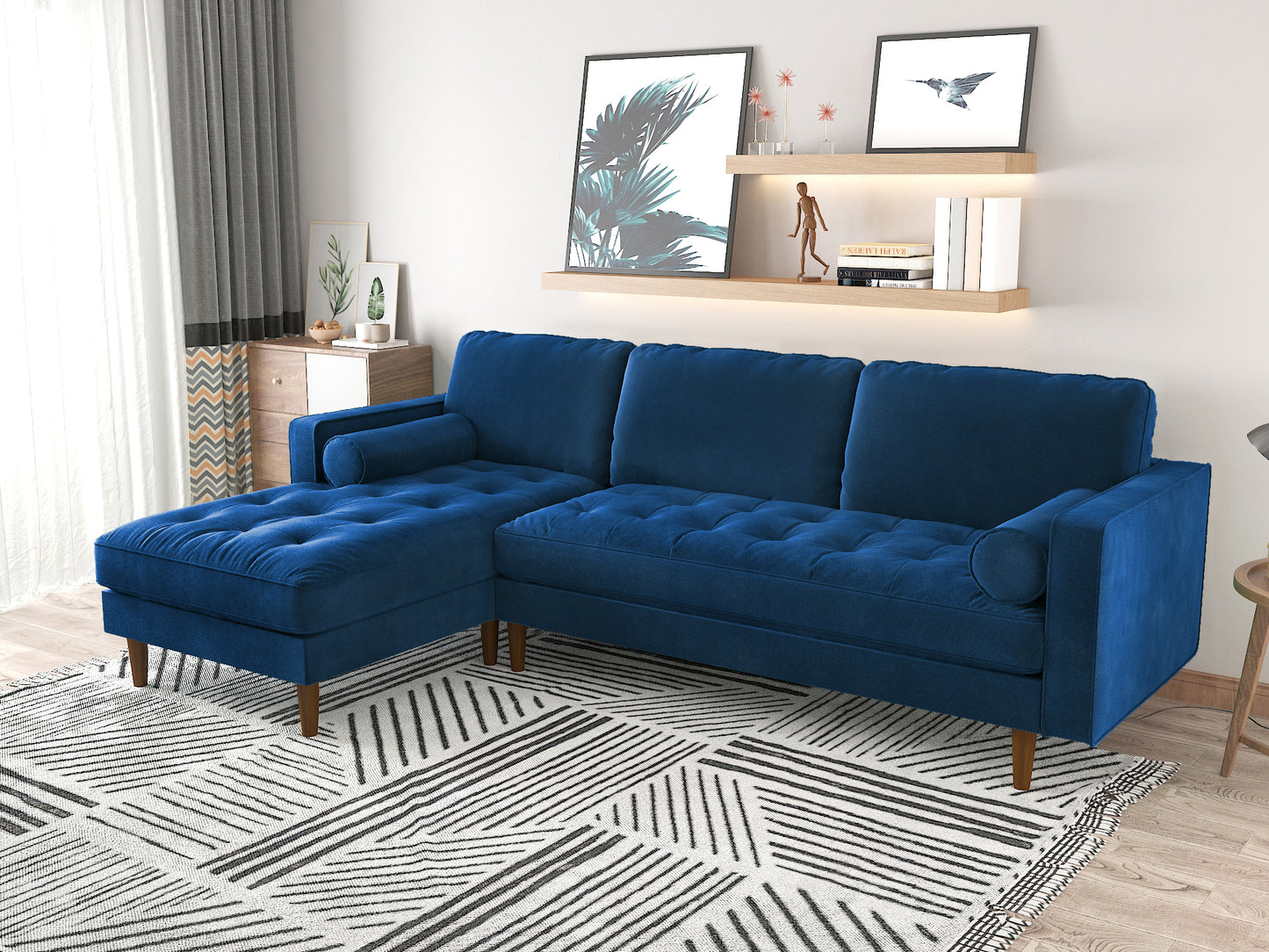 Velvet Upholstery 2 Seater Tufted Sofa Blue Color Lounge Set for Living Room Couch with Chaise - Cosy Abode