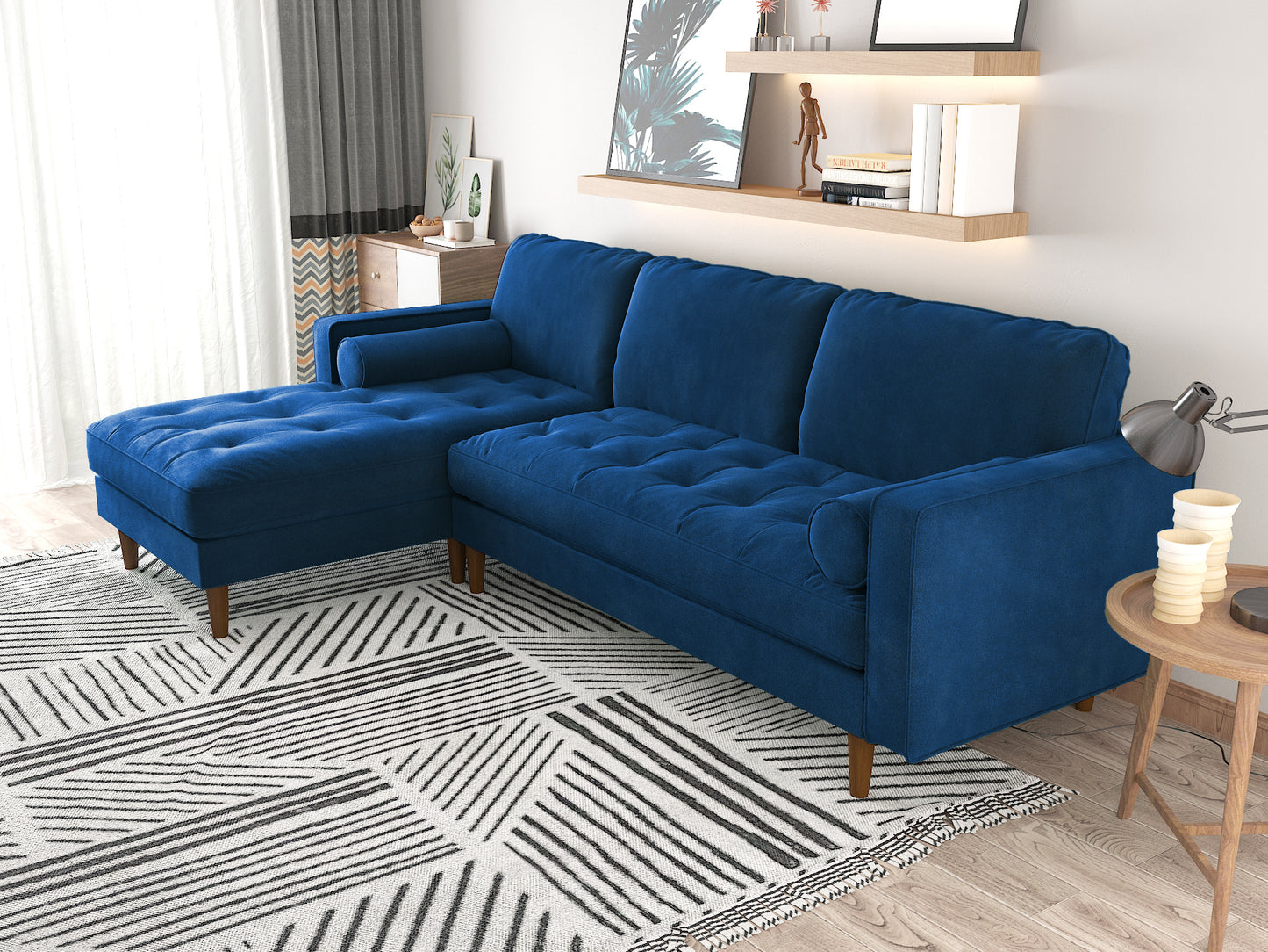 Velvet Upholstery 2 Seater Tufted Sofa Blue Color Lounge Set for Living Room Couch with Chaise - Cosy Abode