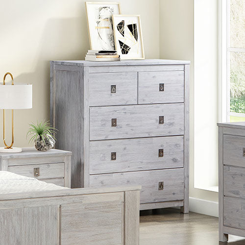Tallboy with 5 Storage Drawers in Cloud White Ash Color with Solid Acacia Wooden Frame - Cosy Abode