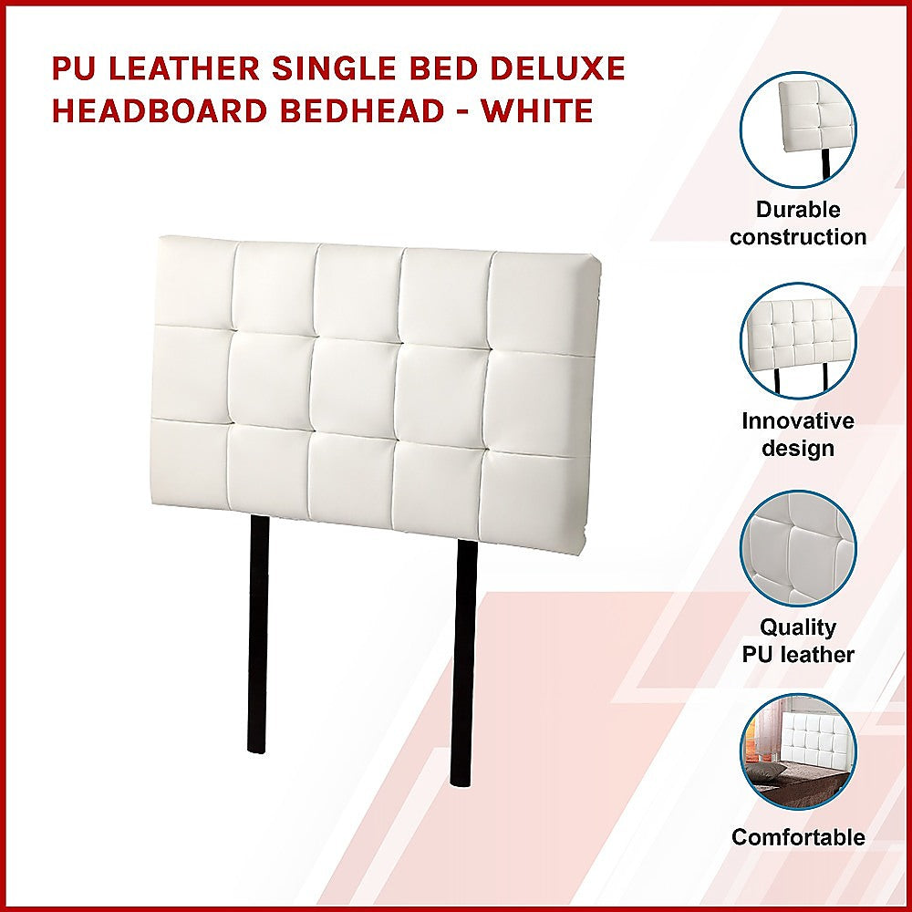PU Leather Single Bed Deluxe Headboard Bedhead - White - Cosy Abode