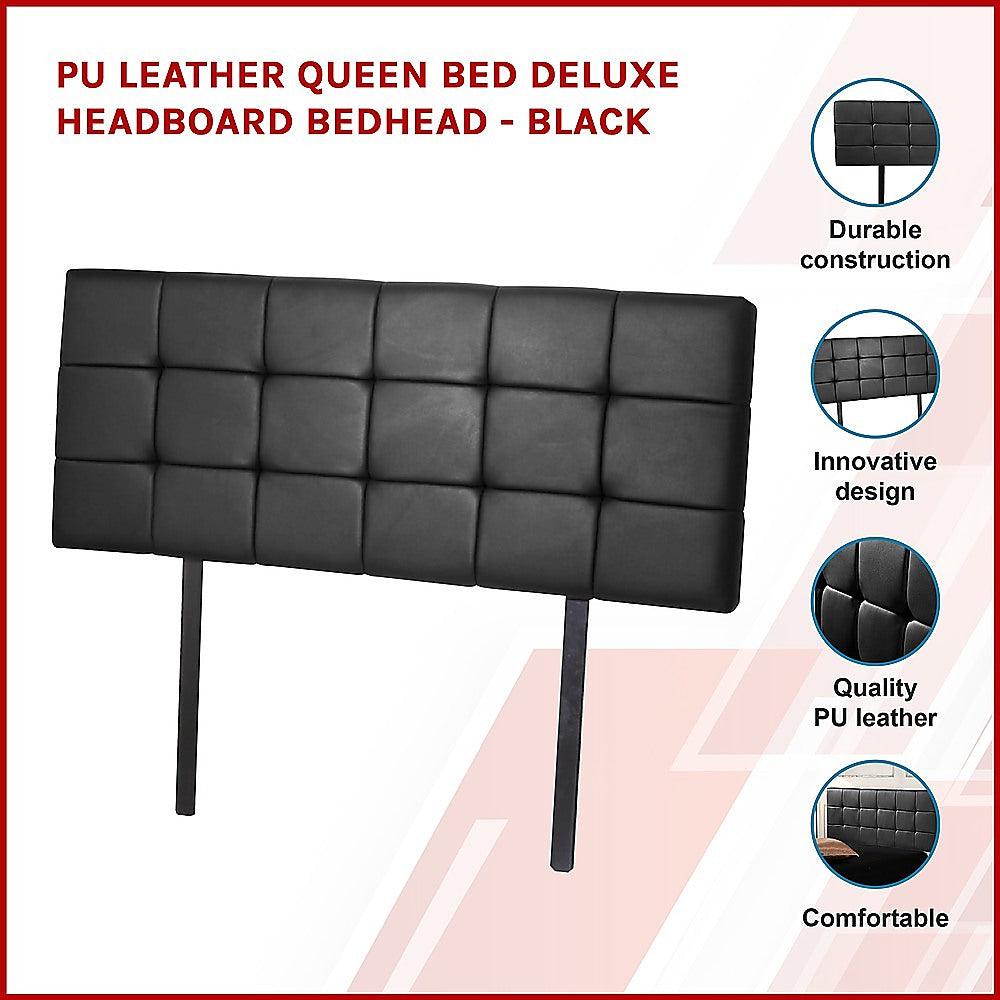 PU Leather Queen Bed Deluxe Headboard Bedhead - Black - Cosy Abode