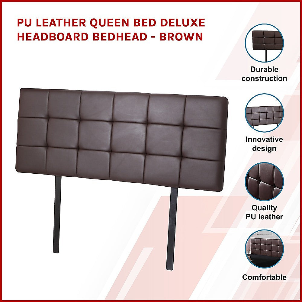PU Leather Queen Bed Deluxe Headboard Bedhead - Brown - Cosy Abode