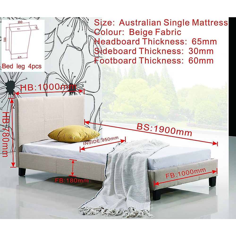 Single Linen Fabric Bed Frame Beige - Cosy Abode