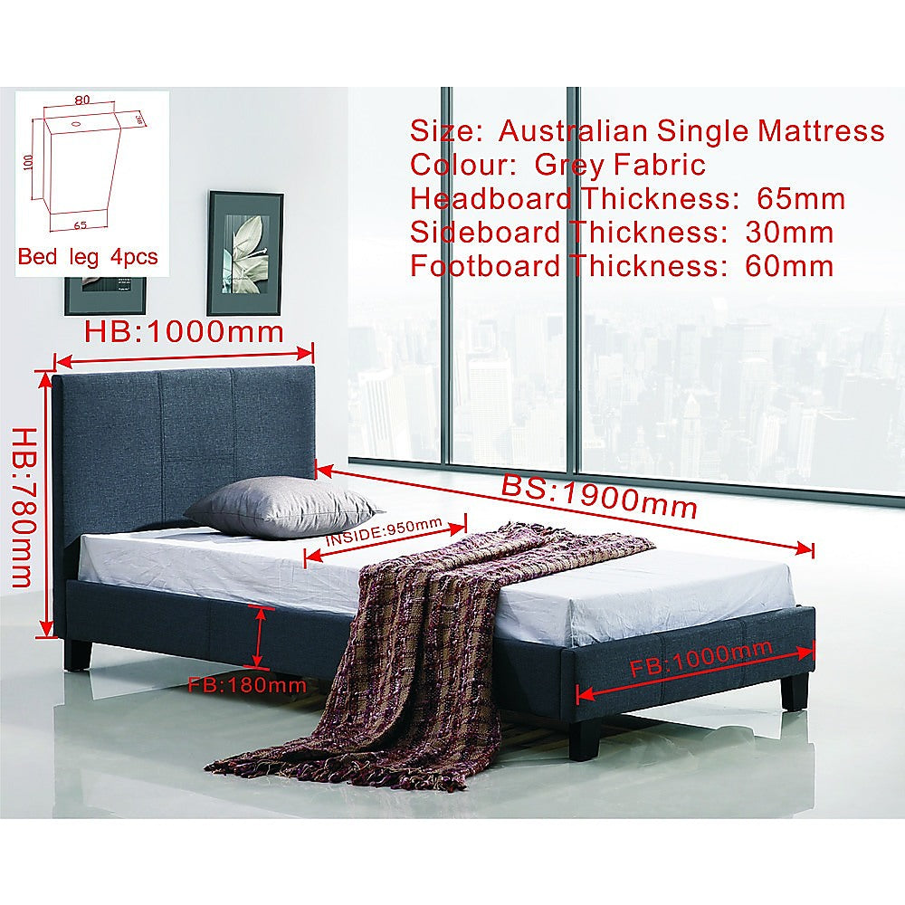 Single Linen Fabric Bed Frame Grey - Cosy Abode