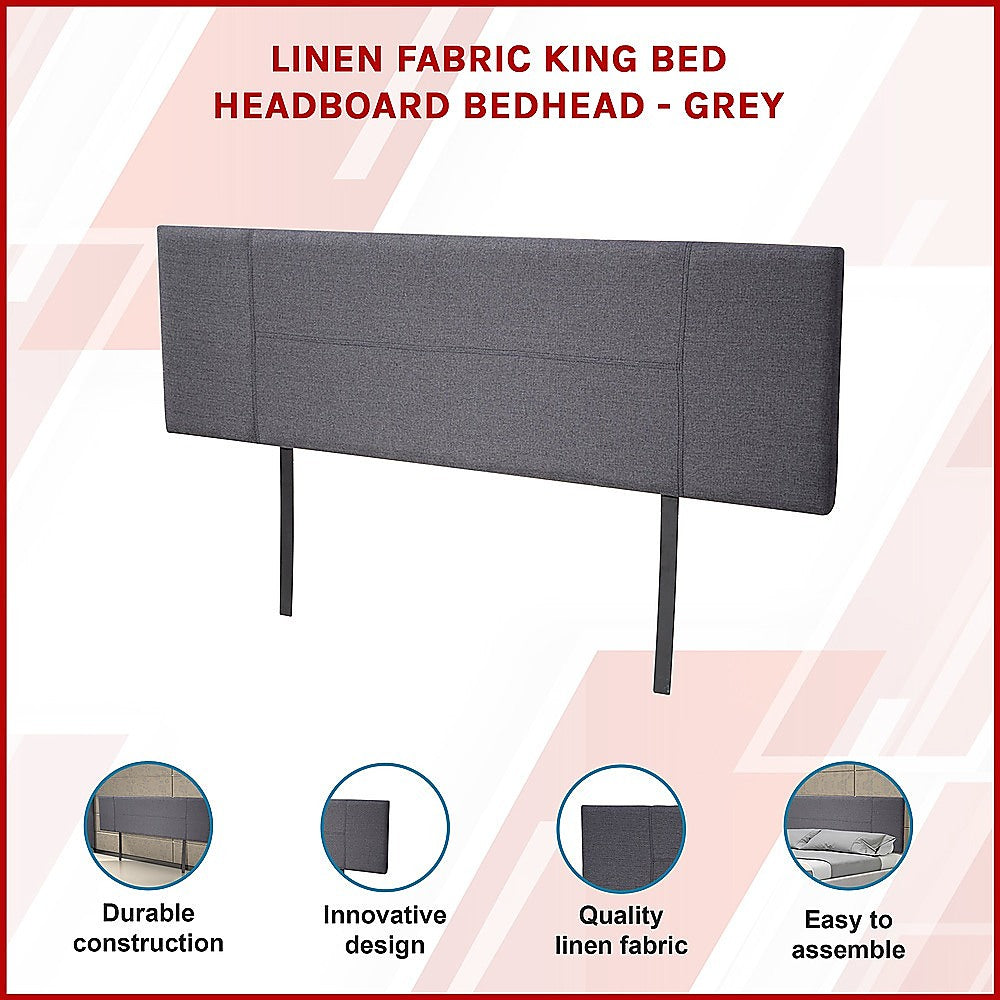 Linen Fabric King Bed Headboard Bedhead - Grey - Cosy Abode