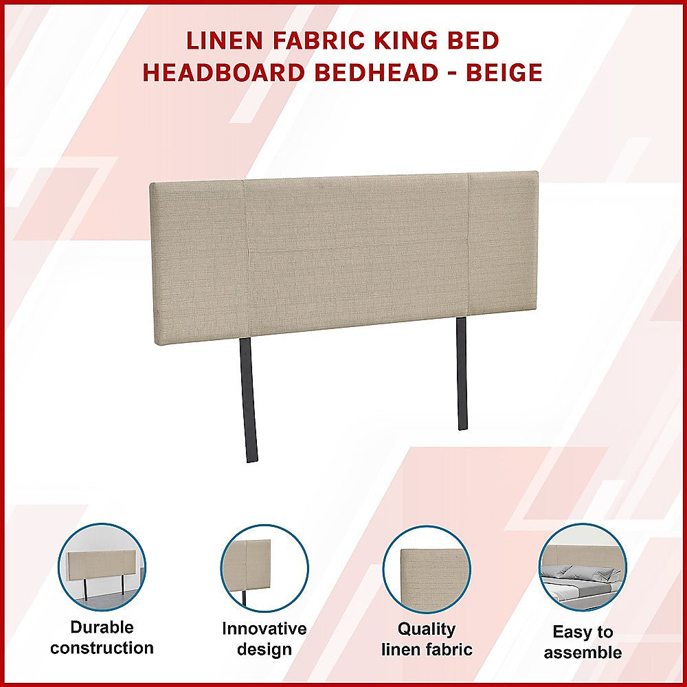 Linen Fabric King Bed Headboard Bedhead - Beige - Cosy Abode