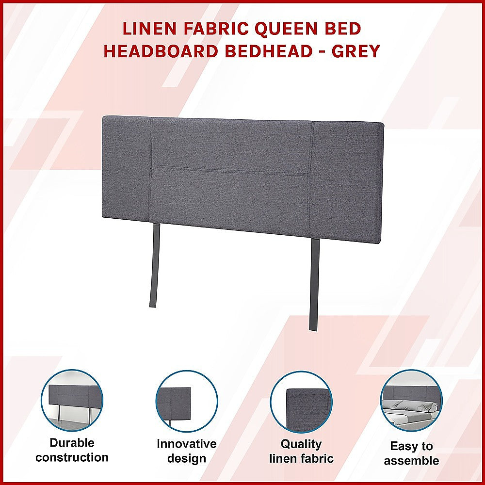 Linen Fabric Queen Bed Headboard Bedhead - Grey - Cosy Abode