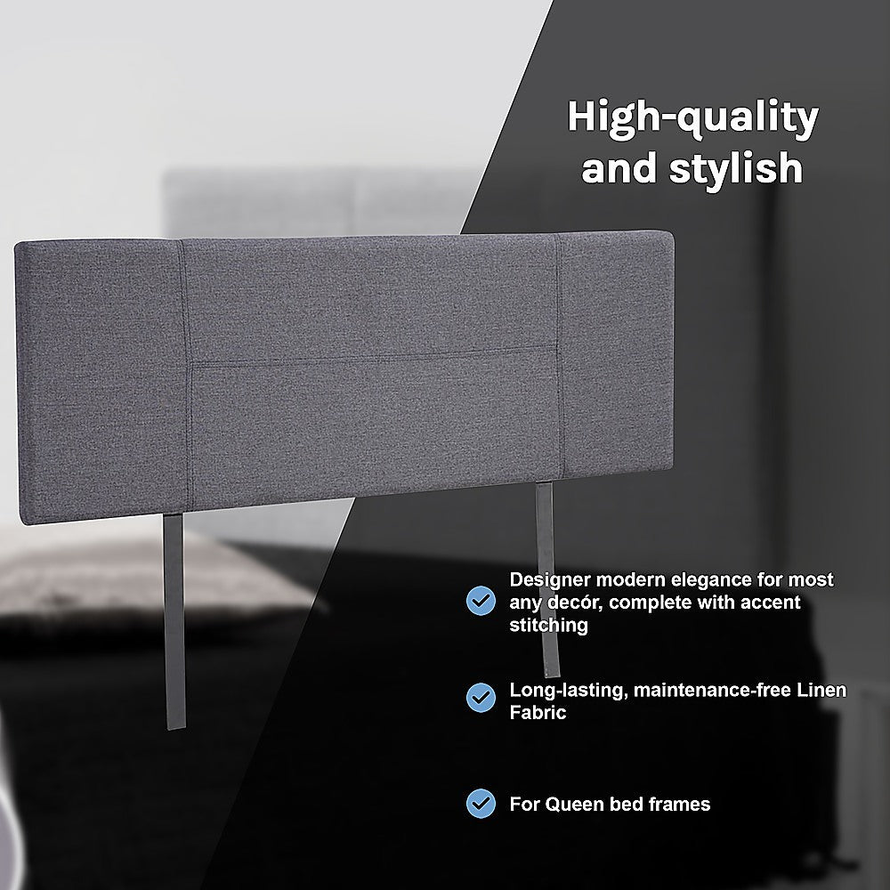 Linen Fabric Queen Bed Headboard Bedhead - Grey - Cosy Abode
