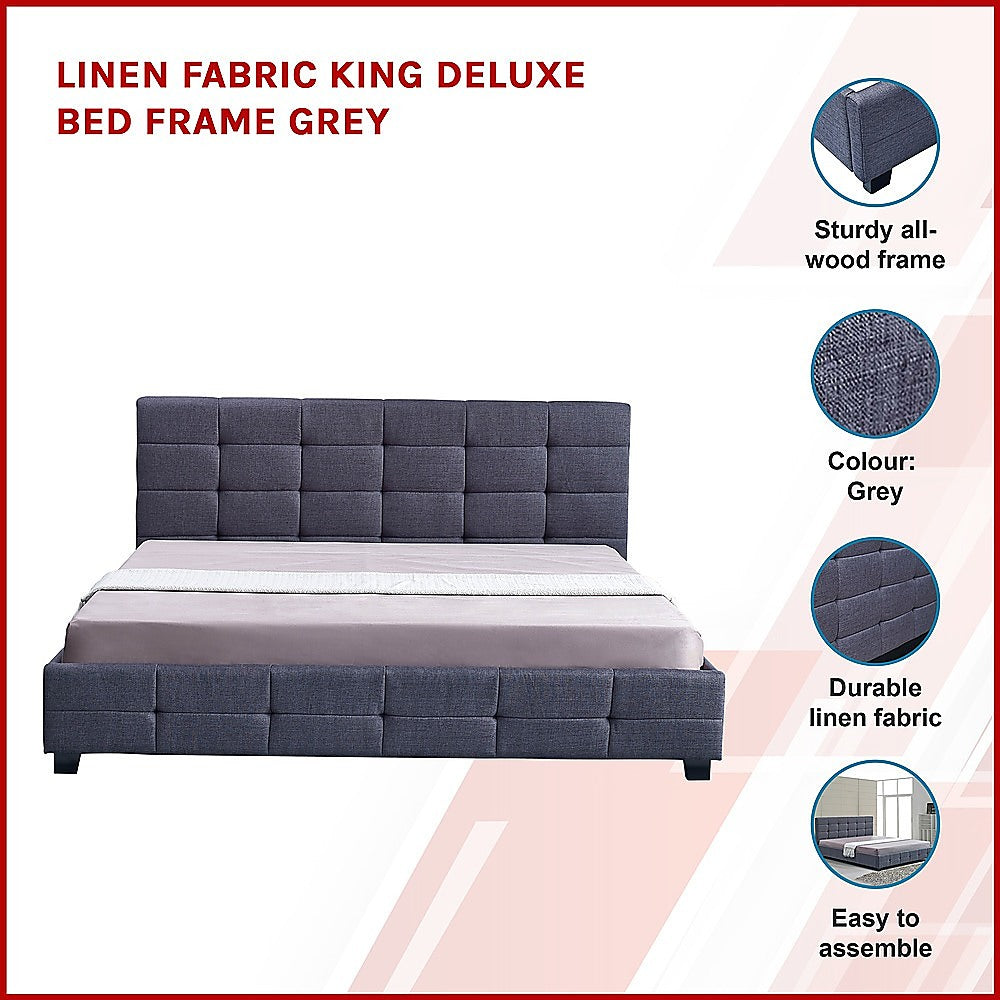 Linen Fabric King Deluxe Bed Frame Grey - Cosy Abode