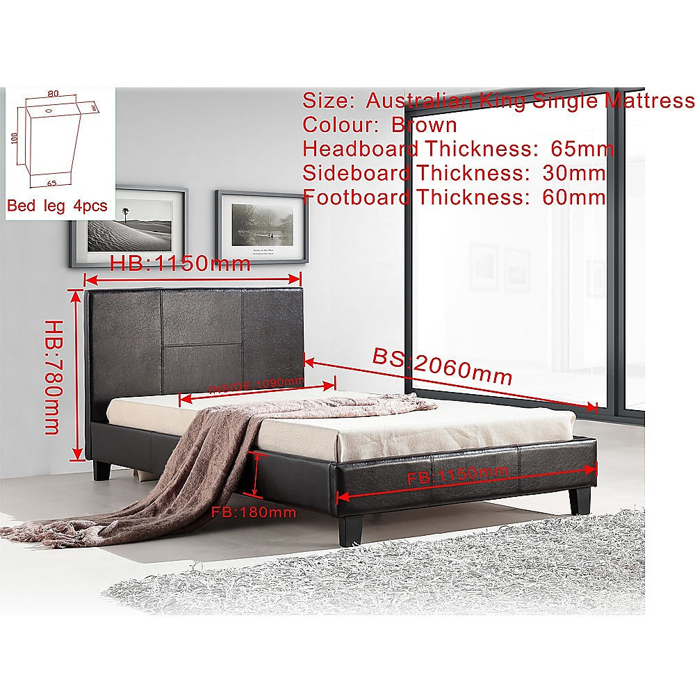 King Single PU Leather Bed Frame Brown - Cosy Abode