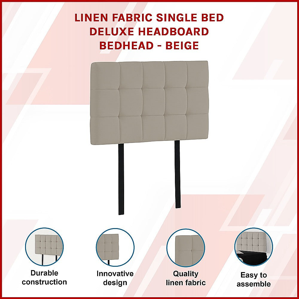 Linen Fabric Single Bed Deluxe Headboard Bedhead - Beige - Cosy Abode