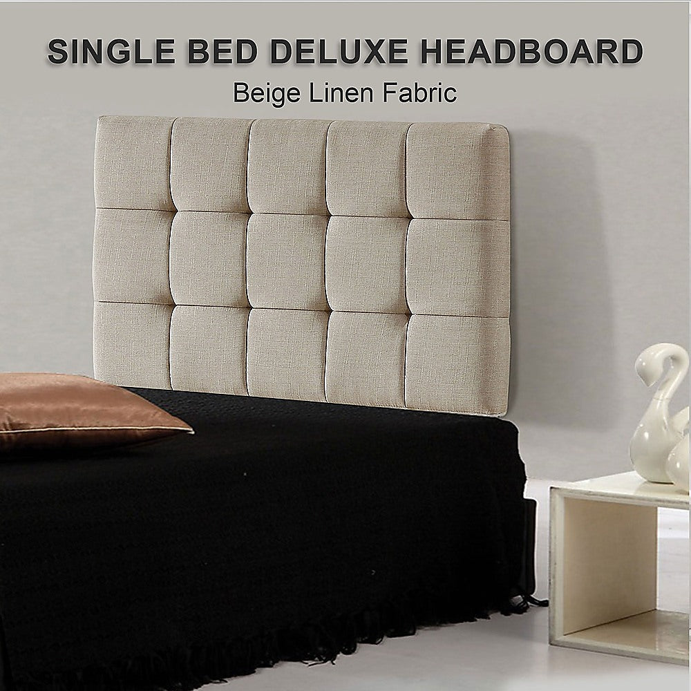 Linen Fabric Single Bed Deluxe Headboard Bedhead - Beige - Cosy Abode
