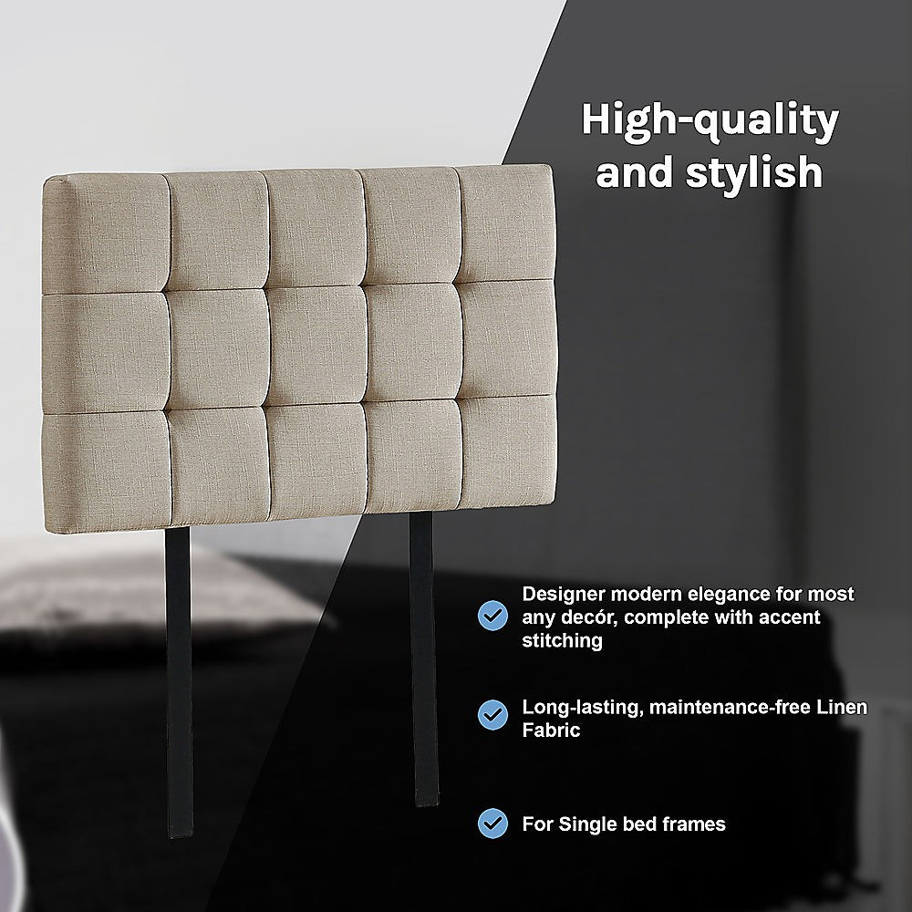 Linen Fabric Single Bed Deluxe Headboard Bedhead - Beige - Cosy Abode