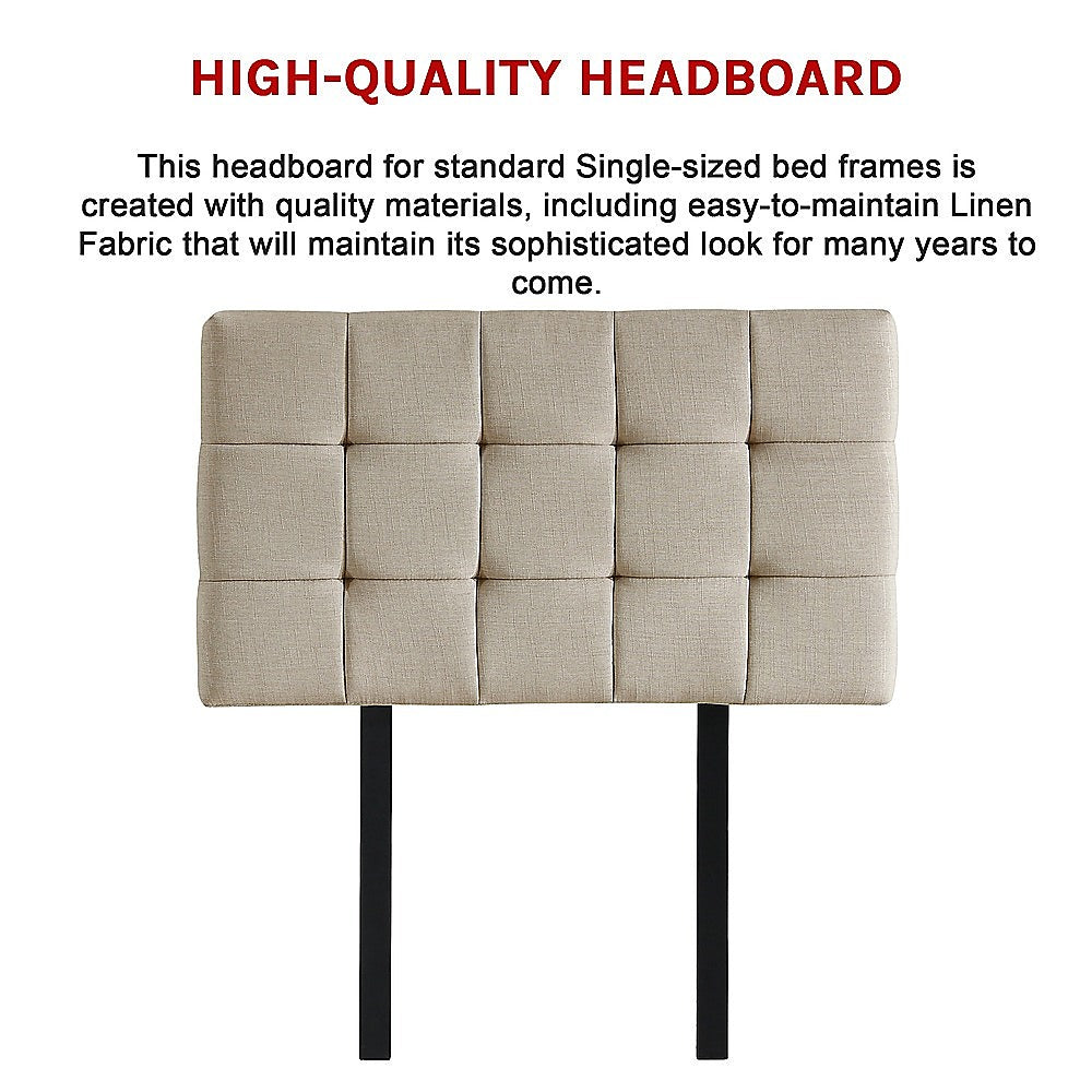 Linen Fabric Single Bed Deluxe Headboard Bedhead - Beige - Cosy Abode