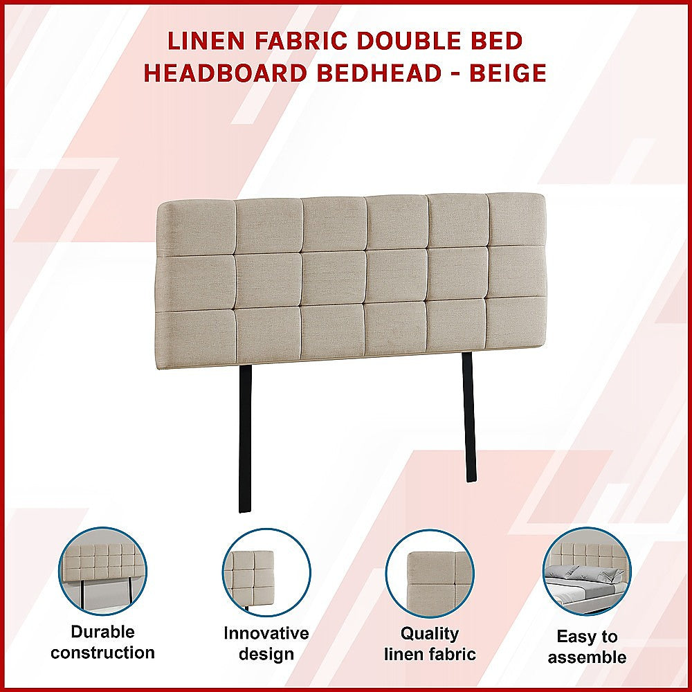 Linen Fabric Double Bed Deluxe Headboard Bedhead - Beige - Cosy Abode