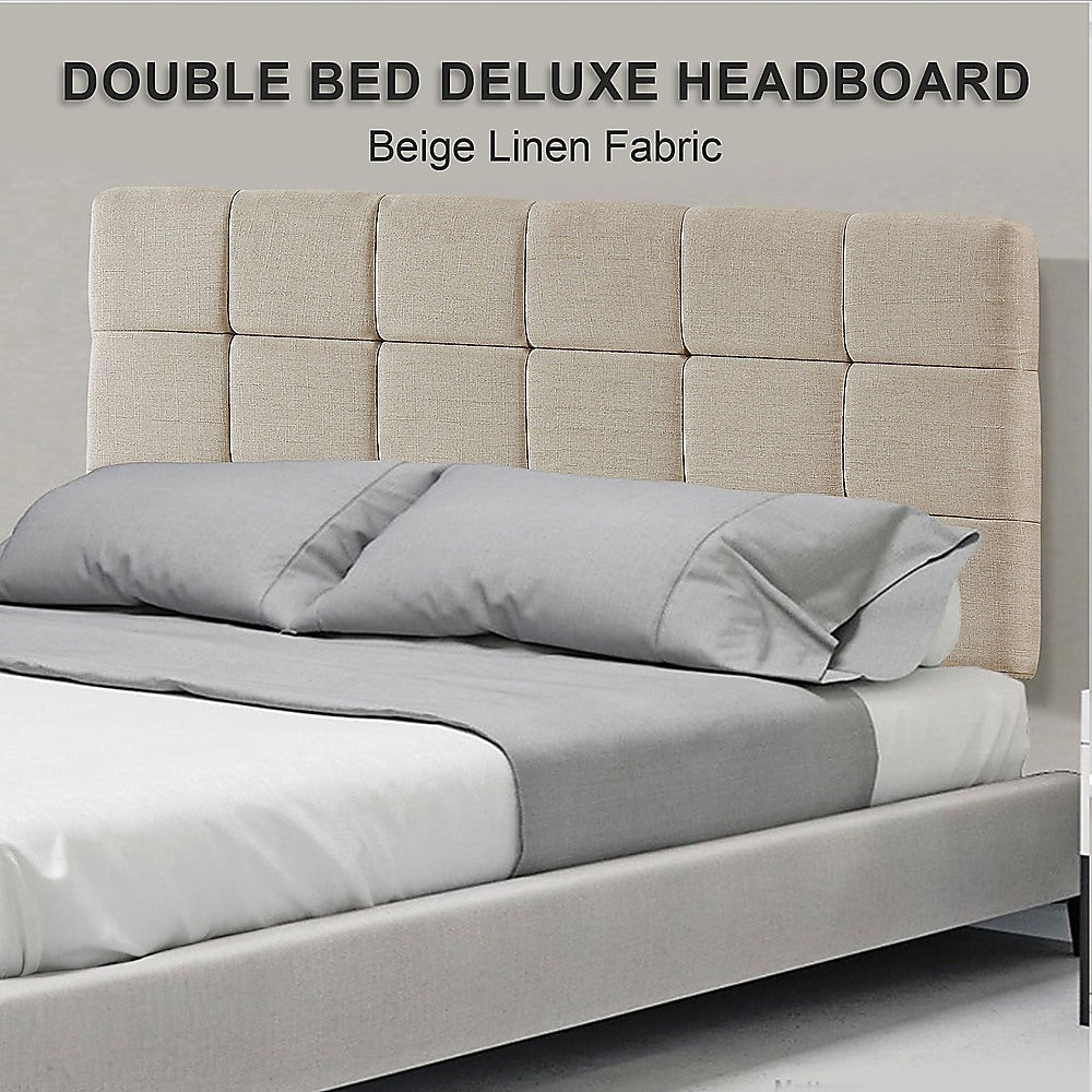 Linen Fabric Double Bed Deluxe Headboard Bedhead - Beige - Cosy Abode