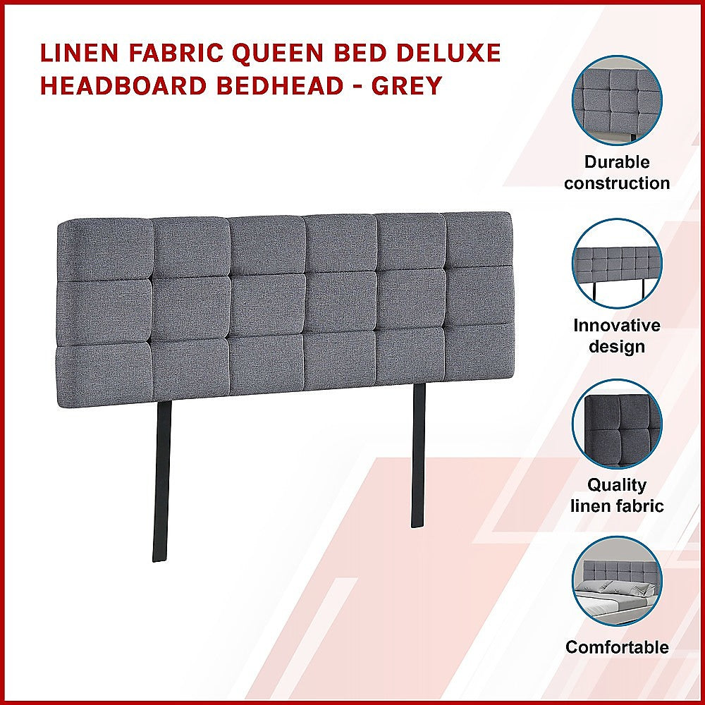 Linen Fabric Queen Bed Deluxe Headboard Bedhead - Grey - Cosy Abode