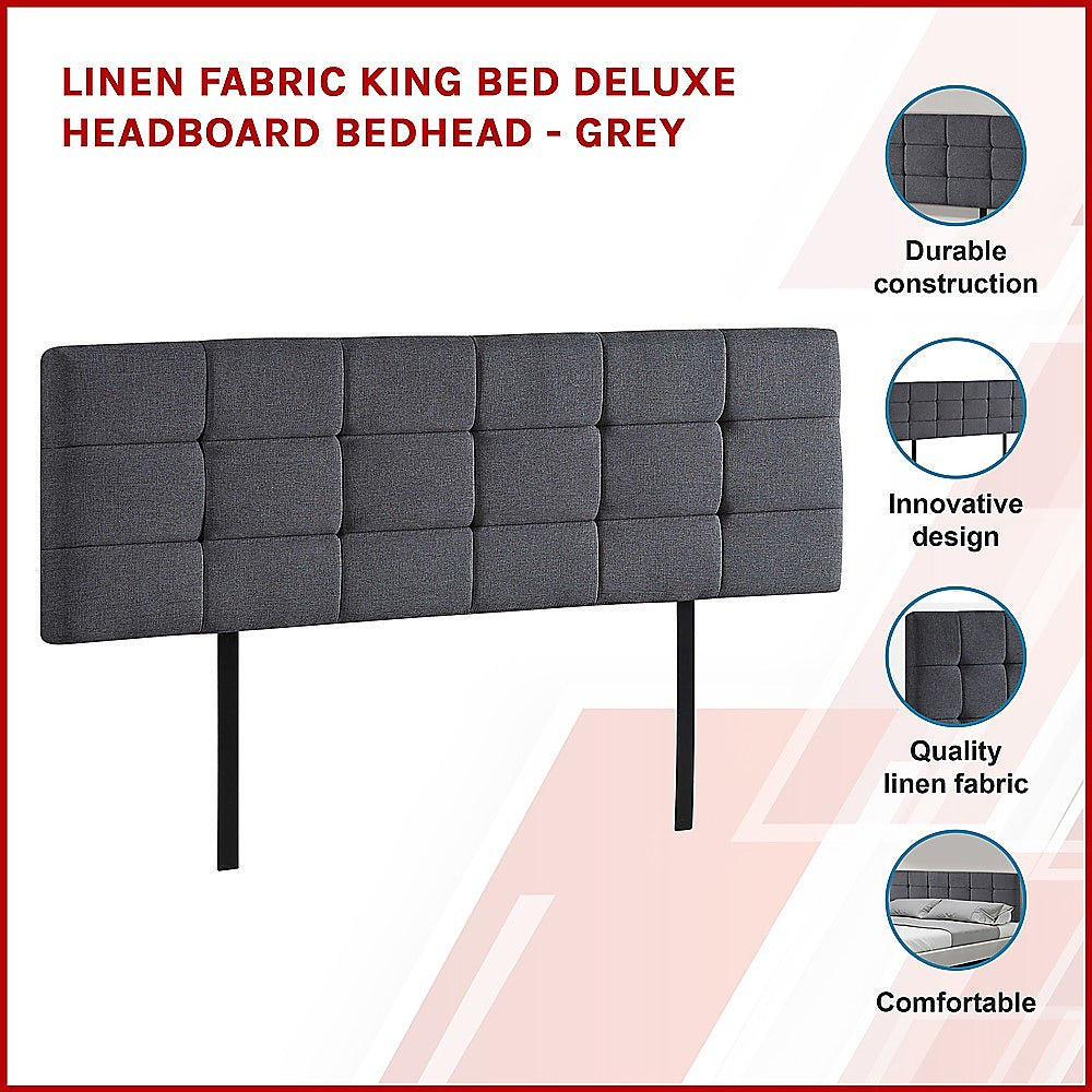 Linen Fabric King Bed Deluxe Headboard Bedhead - Grey - Cosy Abode