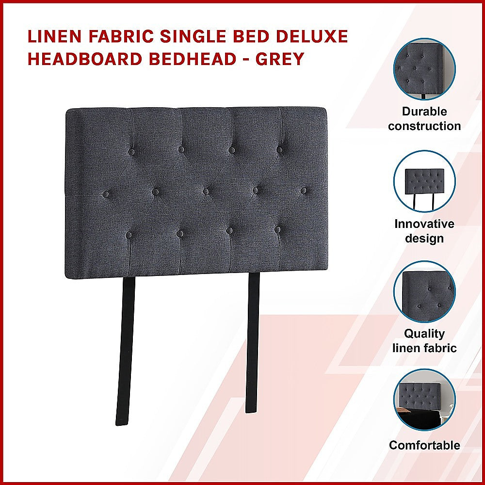 Linen Fabric Single Bed Deluxe Headboard Bedhead - Grey - Cosy Abode