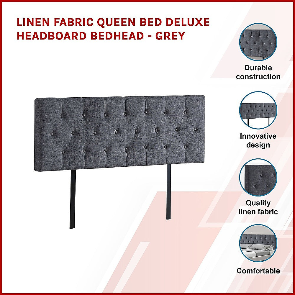 Linen Fabric Queen Bed Deluxe Headboard Bedhead - Grey - Cosy Abode
