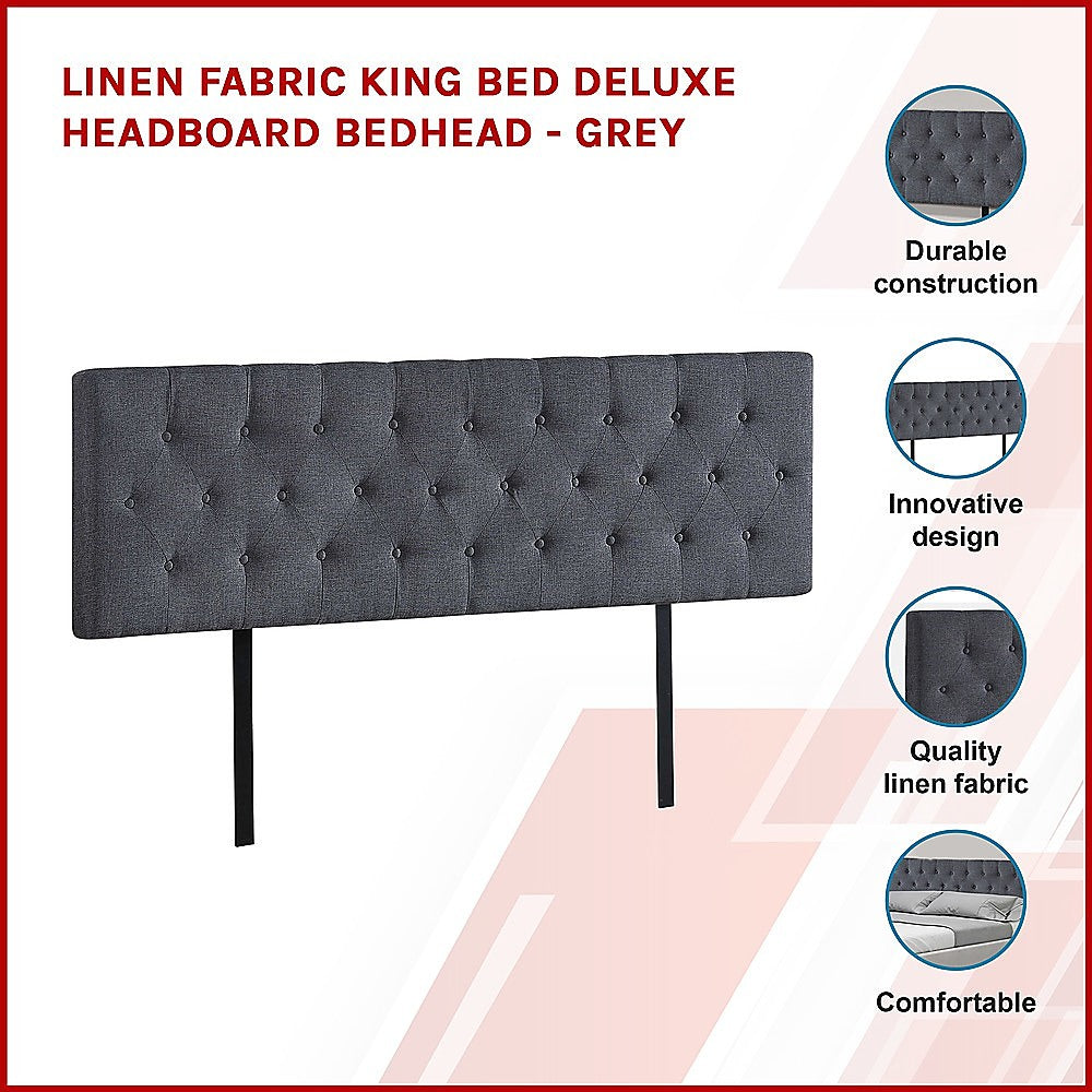 Linen Fabric King Bed Deluxe Headboard Bedhead - Grey - Cosy Abode