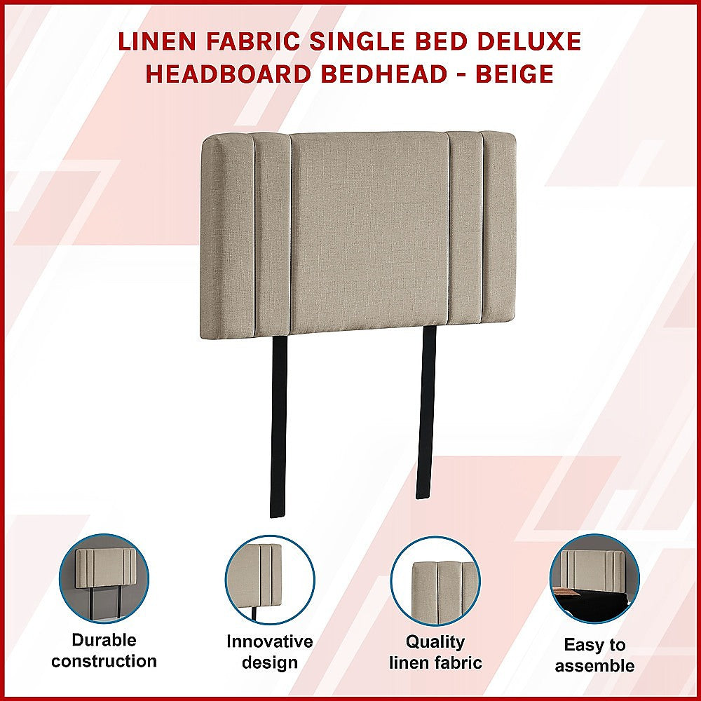 Linen Fabric Single Bed Deluxe Headboard Bedhead - Beige - Cosy Abode