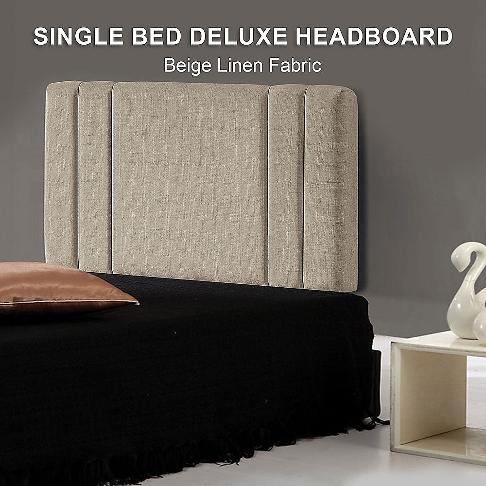 Linen Fabric Single Bed Deluxe Headboard Bedhead - Beige - Cosy Abode