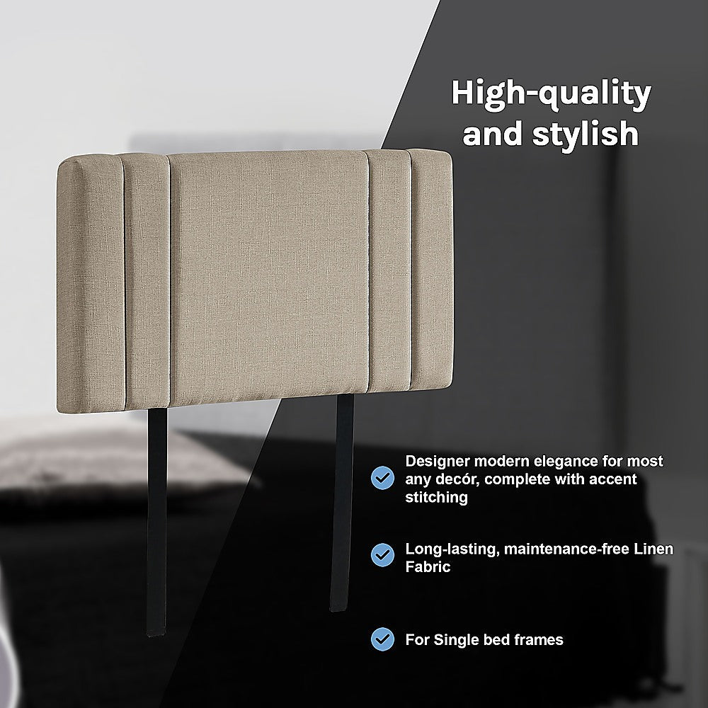 Linen Fabric Single Bed Deluxe Headboard Bedhead - Beige - Cosy Abode