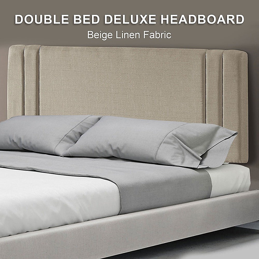 Linen Fabric Double Bed Deluxe Headboard Bedhead - Beige - Cosy Abode