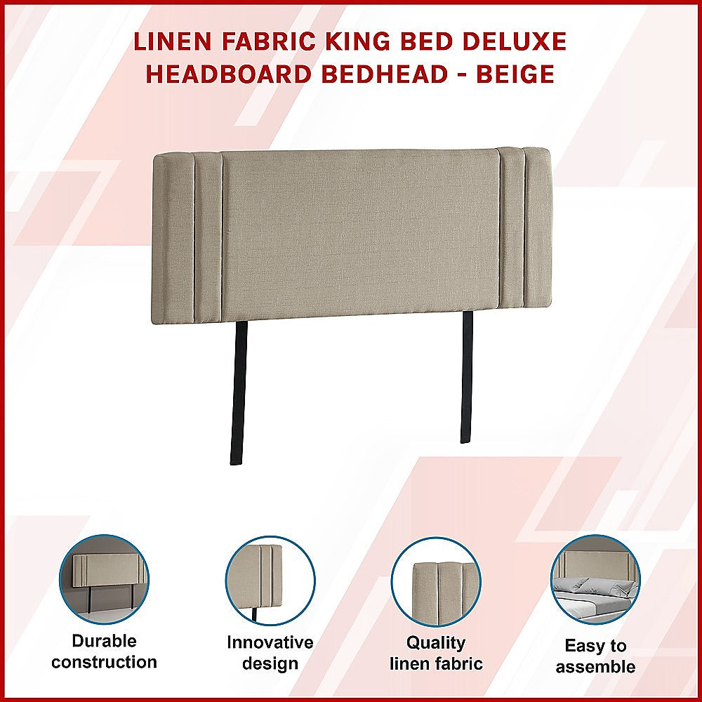 Linen Fabric King Bed Deluxe Headboard Bedhead - Beige - Cosy Abode