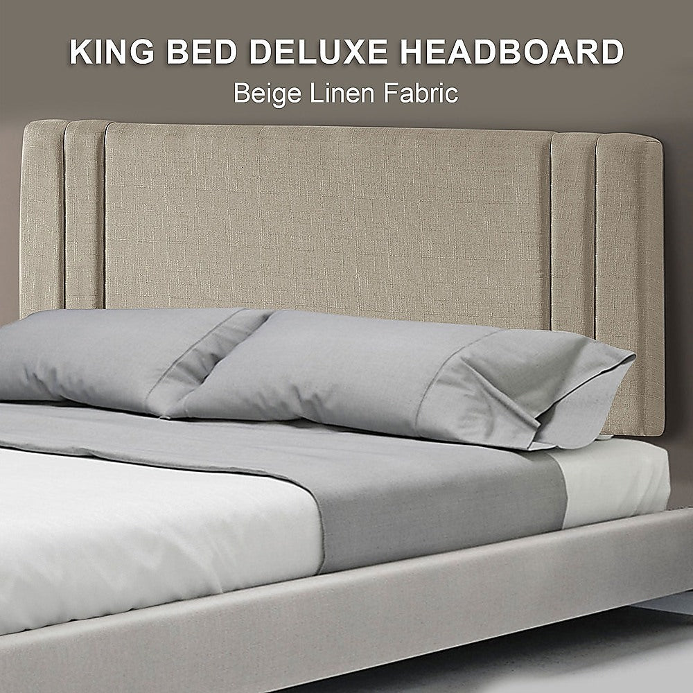 Linen Fabric King Bed Deluxe Headboard Bedhead - Beige - Cosy Abode