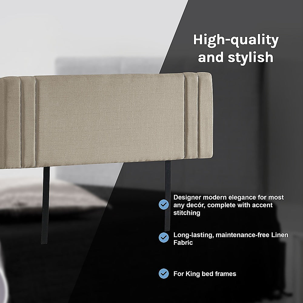 Linen Fabric King Bed Deluxe Headboard Bedhead - Beige - Cosy Abode