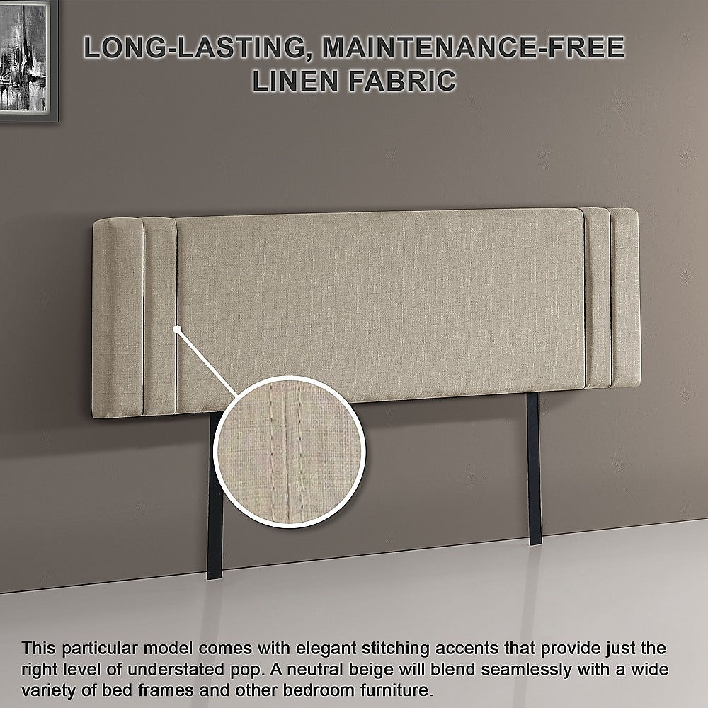 Linen Fabric King Bed Deluxe Headboard Bedhead - Beige - Cosy Abode
