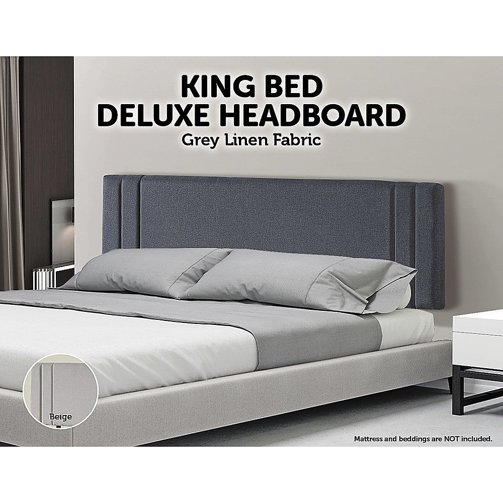 Linen Fabric King Bed Deluxe Headboard Bedhead - Grey - Cosy Abode