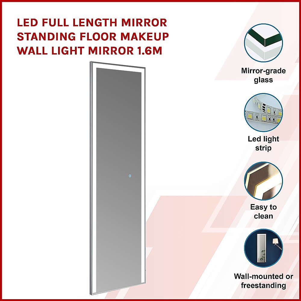 LED Full Length Mirror Standing Floor Makeup Wall Light Mirror 160cm x 50cm - Cosy Abode