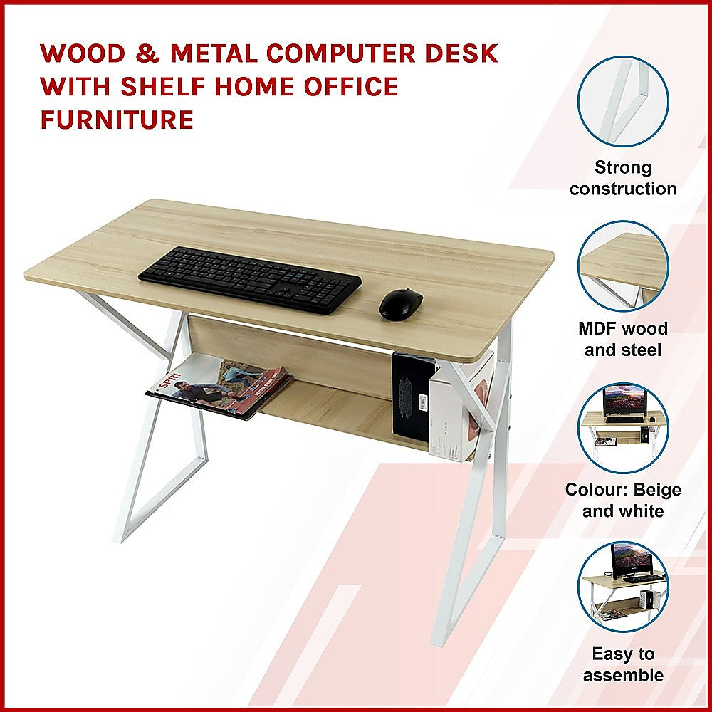 Wood & Metal Computer Desk with Shelf Home Office Furniture - Cosy Abode