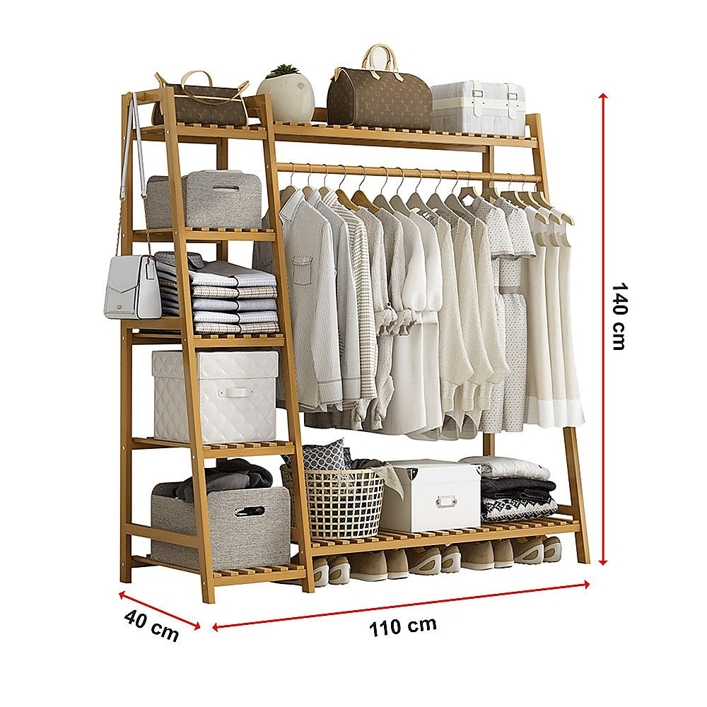 Portable Clothes Rack Coat Garment Stand Bamboo Rail Hanger Airer Closet - Cosy Abode
