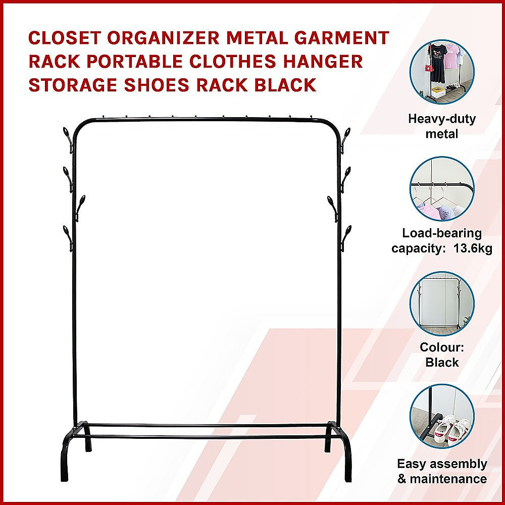 Closet Organizer Metal Garment Rack Portable Clothes Hanger Storage Shoes Rack Black - Cosy Abode