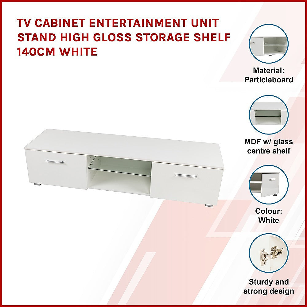 TV Cabinet Entertainment Unit Stand High Gloss Storage Shelf 140cm White - Cosy Abode