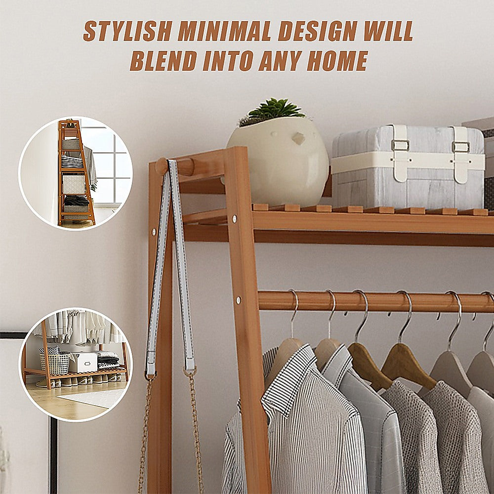 Portable Clothes Rack Coat Garment Stand Bamboo Rail Hanger Airer Closet - Cosy Abode
