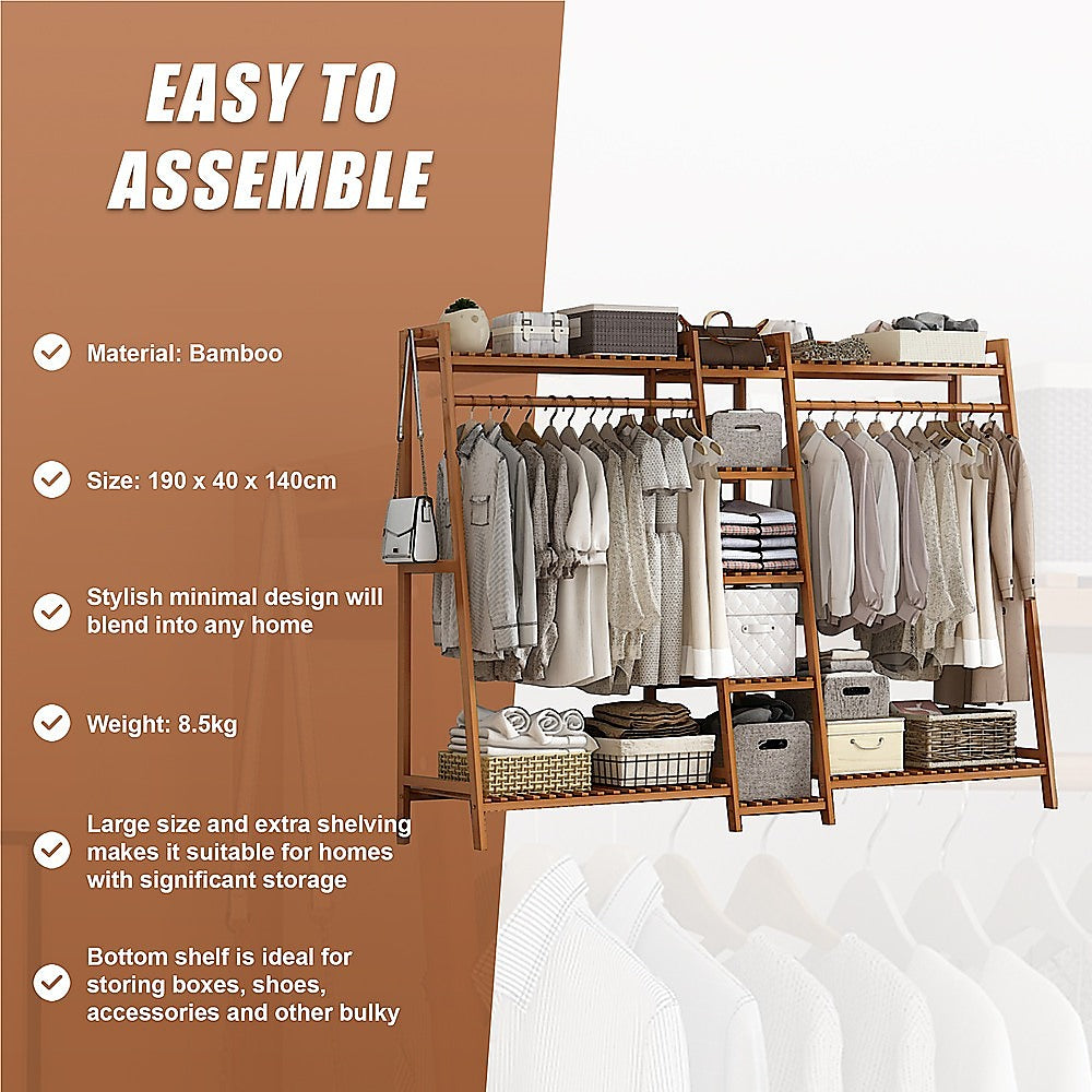 Portable Clothes Rack Coat Garment Stand Bamboo Rail Hanger Airer Closet - Cosy Abode