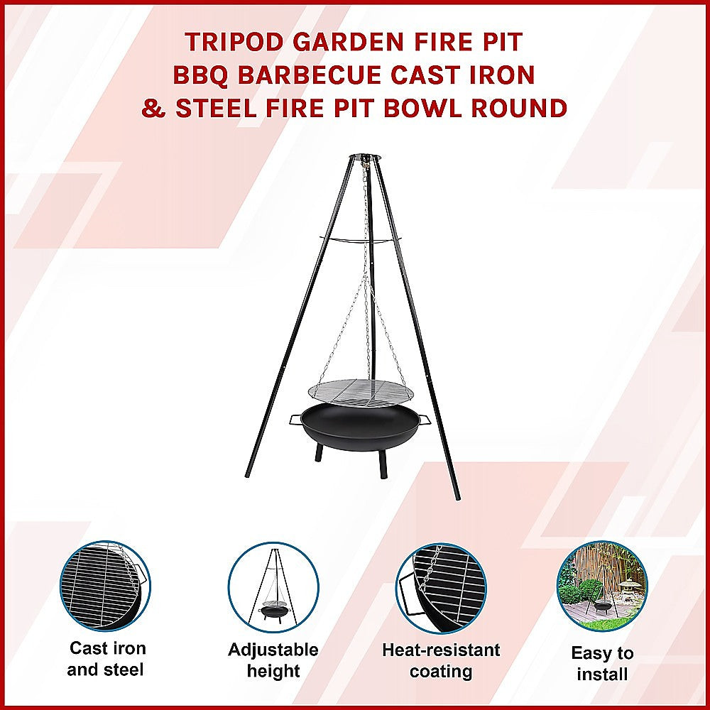 Tripod Garden Fire Pit BBQ Barbecue Cast Iron & Steel Fire Pit Bowl Round - Cosy Abode