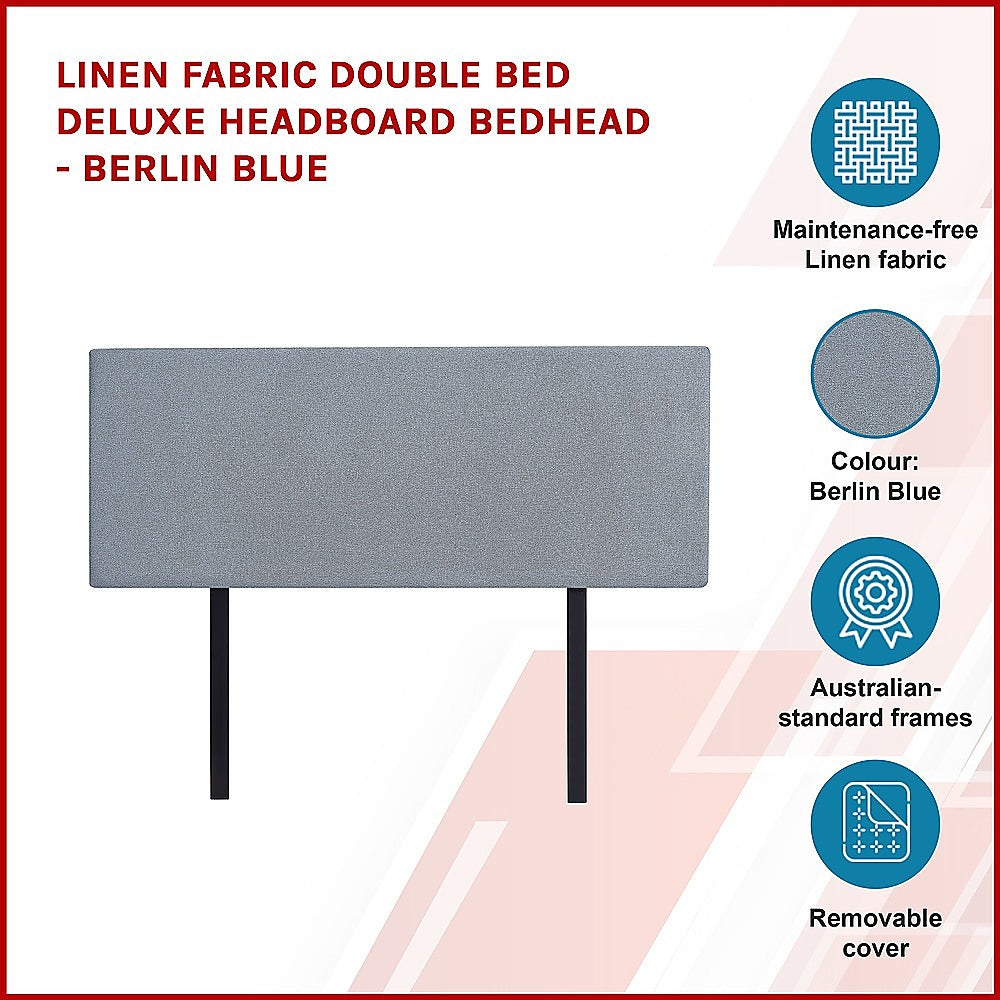 Linen Fabric Double Bed Deluxe Headboard Bedhead - Berlin Blue - Cosy Abode